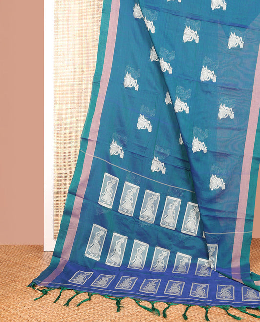 Blue Narayanapet Cotton Saree Decked Up with Girl with a Pot Motifs, Subtle Self-Border, Pallu Mirrors the Same Body Motifs, and Paired with a Matching Blouse
