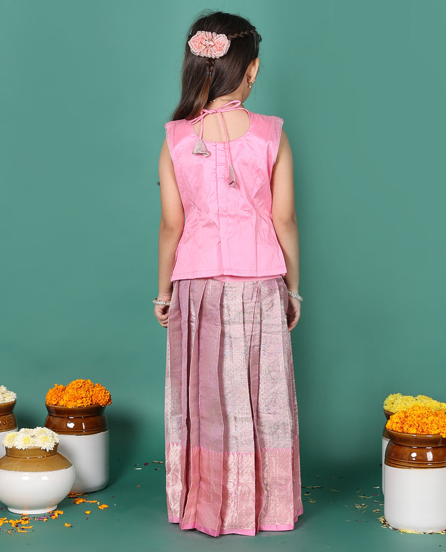 Pink readymade art silk pavadai, jacquard & contrast traditional border skirt, & jacquard embroidery sleeveless round-neck blouse