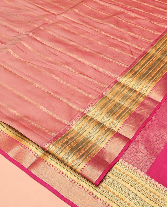 Pink Vasundhara Lite Silk Mix Saree, Adorned with Diagonal Stripes All Over Its Body, Complemented by Contrast Zari and Meenakari Design Border, Grand Jaal Pallu, and Paired with a Contrast Blouse