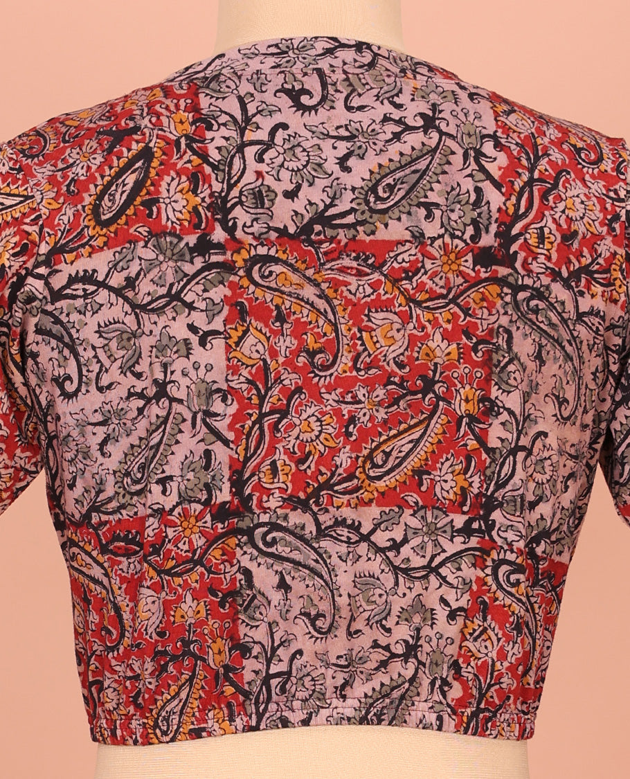 Red and Pink Cotton Readymade Blouse Detailed with All-Over Paisley and Floral Print, Featuring a Front V-Neck, a Closed Back Neck, and Elbow Sleeves