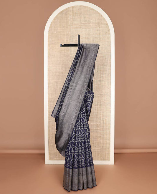 Blue floral-theme zari jacquard silk saree, intricate pallu & border of thilakam,neli,godhumai kann,kodi visiry & vanki