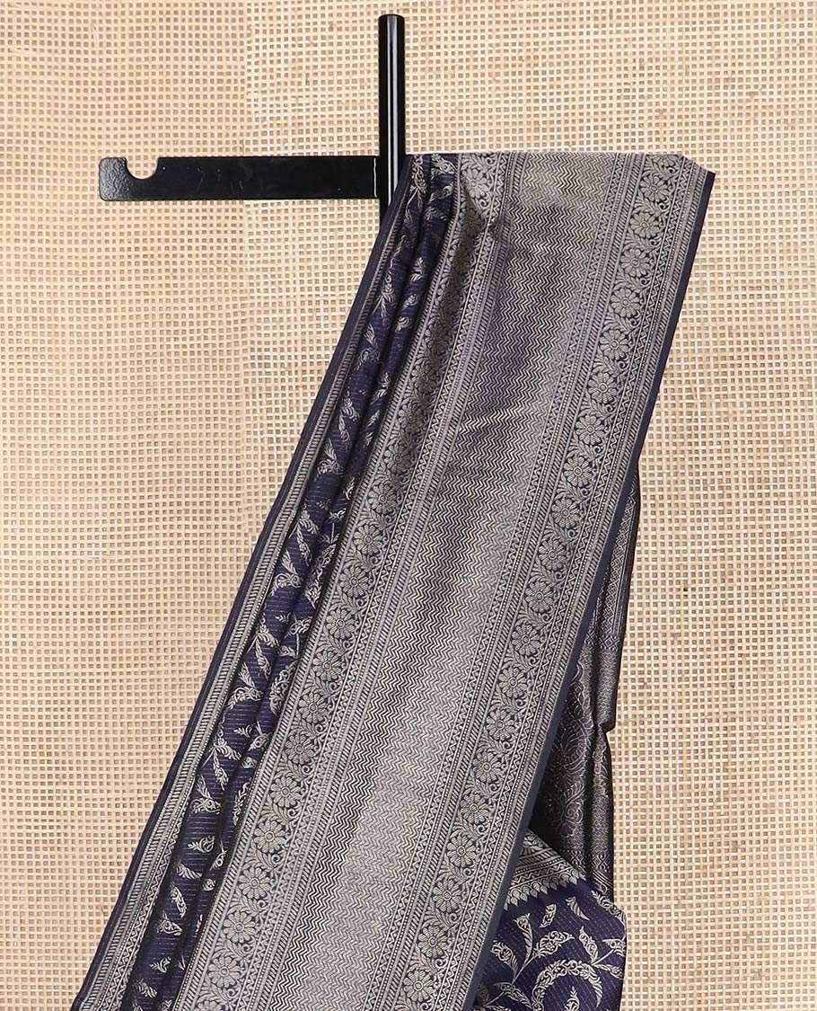 Blue floral-theme zari jacquard silk saree, intricate pallu & border of thilakam,neli,godhumai kann,kodi visiry & vanki