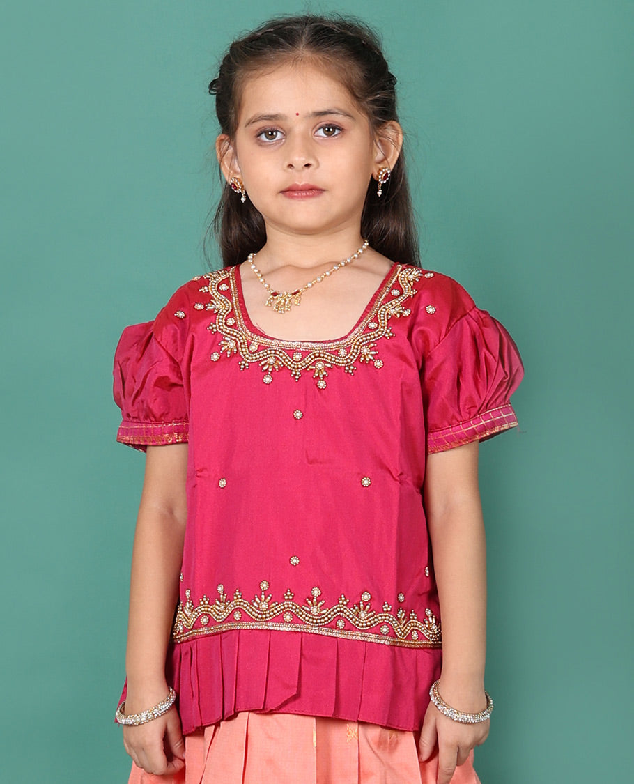 Peach readymade art silk pavadai, zari buttas & contrast traditional border skirt, & embroidered puff-sleeve round-neck blouse