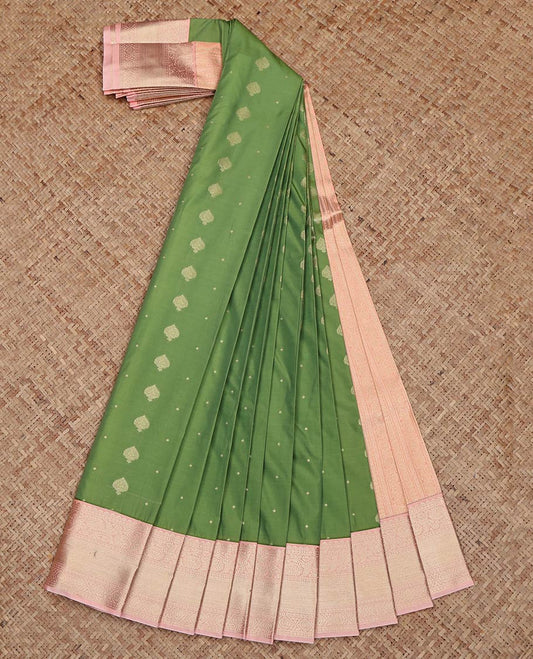 Green Budget Silk Saree, Sparsely Woven with Zari Buttas on Its Body, Complemented by a Contrast Traditional Zari Design Border, Grand Pallu, and Paired with a Contrast Blouse