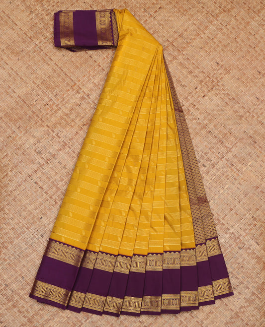 Mustard Budget Silk Saree, Styled with Zari Buttas and Stripes, Complemented by a Contrast Traditional Rettai Pettu Zari Border, Grand Jaal Pallu, and Contrast Blouse