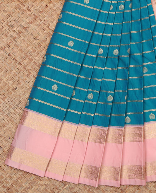 Blue Budget Silk Saree, Bedecked with Zari Buttas and Stripes, a Contrast Traditional Zari Rettai Pettu Border, Grand Pallu, and a Contrast Blouse