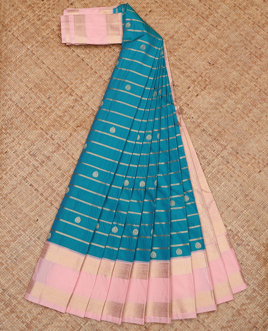 Blue Budget Silk Saree, Bedecked with Zari Buttas and Stripes, a Contrast Traditional Zari Rettai Pettu Border, Grand Pallu, and a Contrast Blouse