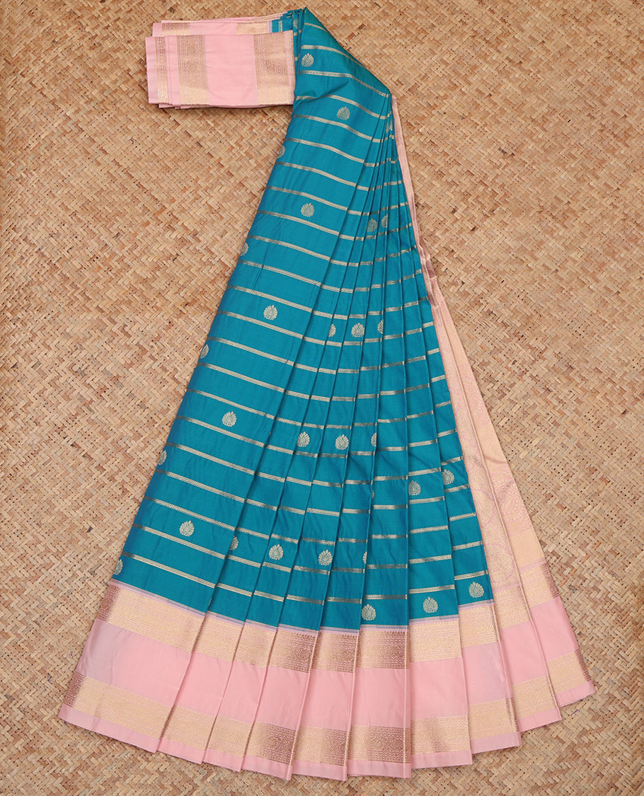 Blue Budget Silk Saree, Bedecked with Zari Buttas and Stripes, a Contrast Traditional Zari Rettai Pettu Border, Grand Pallu, and a Contrast Blouse