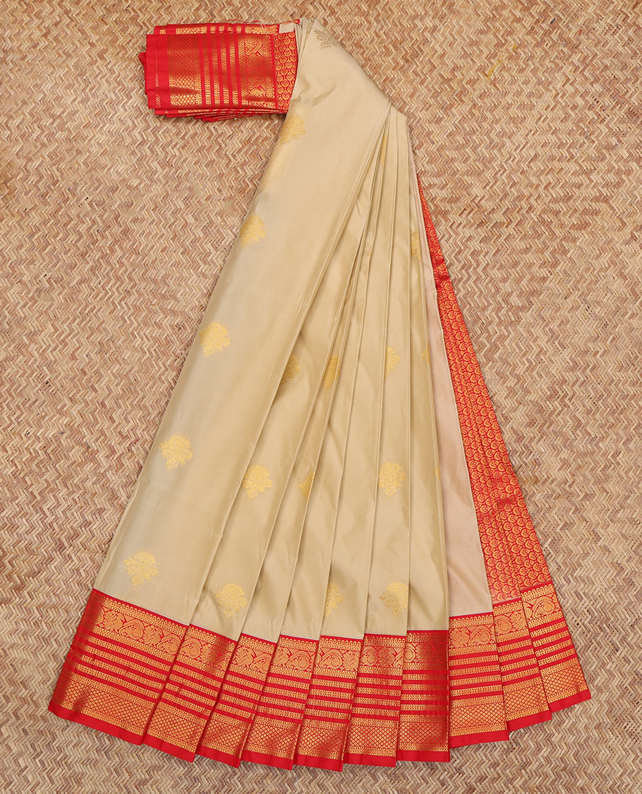 Sandal Budget Silk Saree, Delicately Woven with Zari Buttas, a Contrast Traditional Zari Border, Grand Pallu, and a Contrast Blouse