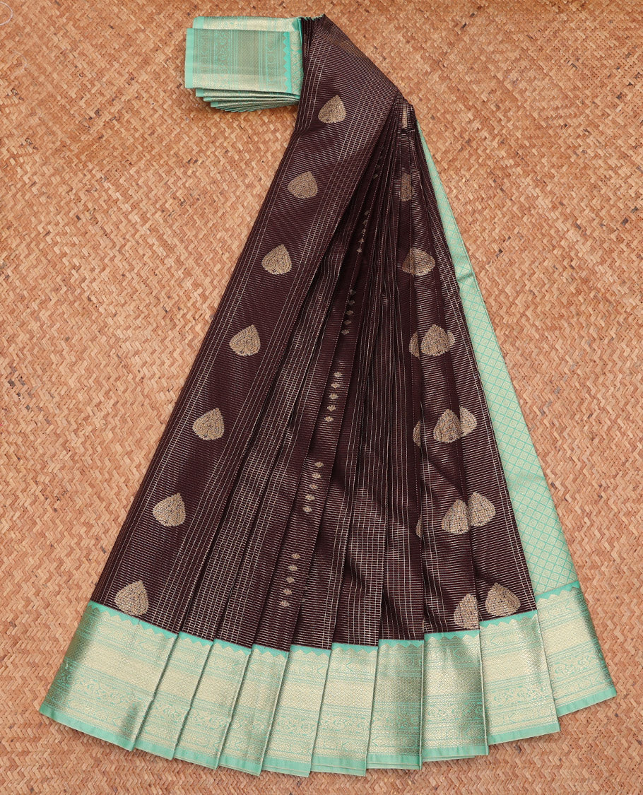 Brown Budget Silk Saree, Finely Crafted with Zari Buttas and Checks, Complemented by a Contrast Traditional Zari Border, Jaal Pallu, and a Contrast Blouse