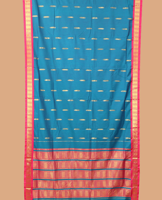 Blue buttas nine-yard cotton saree, contrast border, and pallu steeped with traditional designs