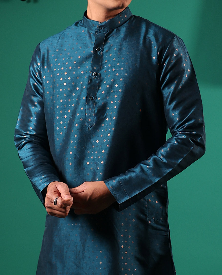 Blue diamond motifs golden foil printed with full-sleeved men's kurta