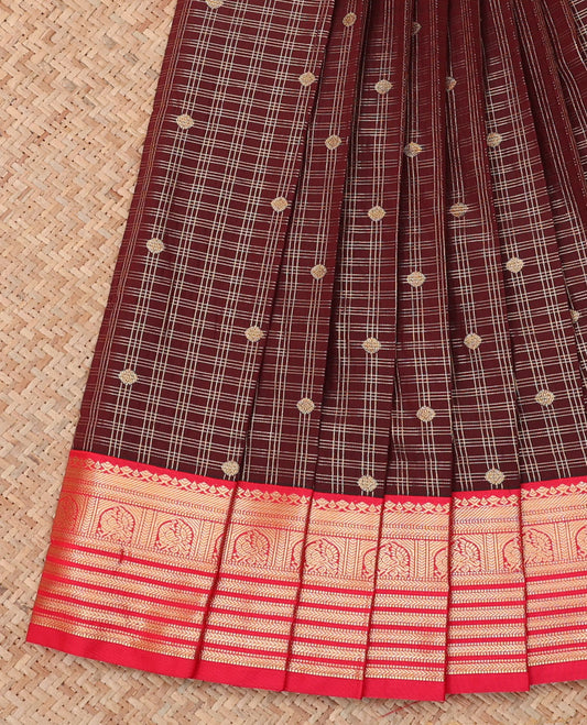 Maroon Budget Silk Saree, Ornamented with Zari Buttas, a Contrast Traditional Zari Border, Grand Pallu, and a Contrast Blouse