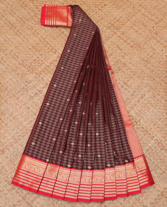 Maroon Budget Silk Saree, Ornamented with Zari Buttas, a Contrast Traditional Zari Border, Grand Pallu, and a Contrast Blouse