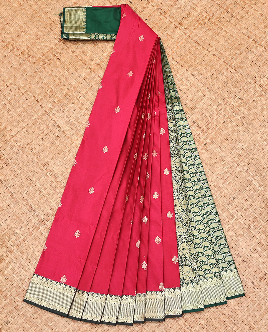 Red Budget Silk Saree, Prettified with Zari Buttas, Captivating Contrast Traditional Zari Design Border, Pallu of Paisley Butta Enclosed Jaal Design, and Has a Contrast Blouse