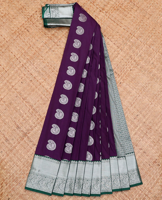 Purple Budget Silk Saree, Adorned with Buttas All Over Its Body, Complemented by a Contrast Traditional Zari Design Border, Grand Pallu, and Paired with a Contrast Blouse