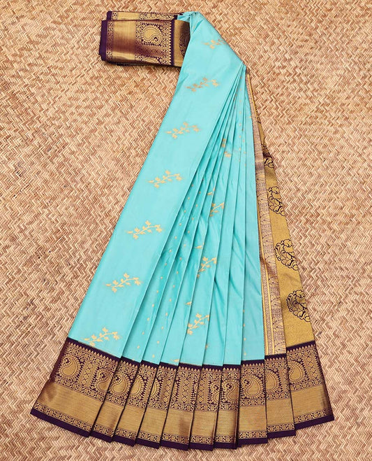 Blue Budget Silk Saree, Mesmerized with Zari Buttas, a Contrast Traditional Zari Border, Paisley Pallu, and a Contrast Blouse
