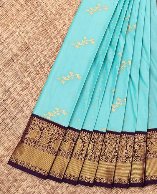 Blue Budget Silk Saree, Mesmerized with Zari Buttas, a Contrast Traditional Zari Border, Paisley Pallu, and a Contrast Blouse