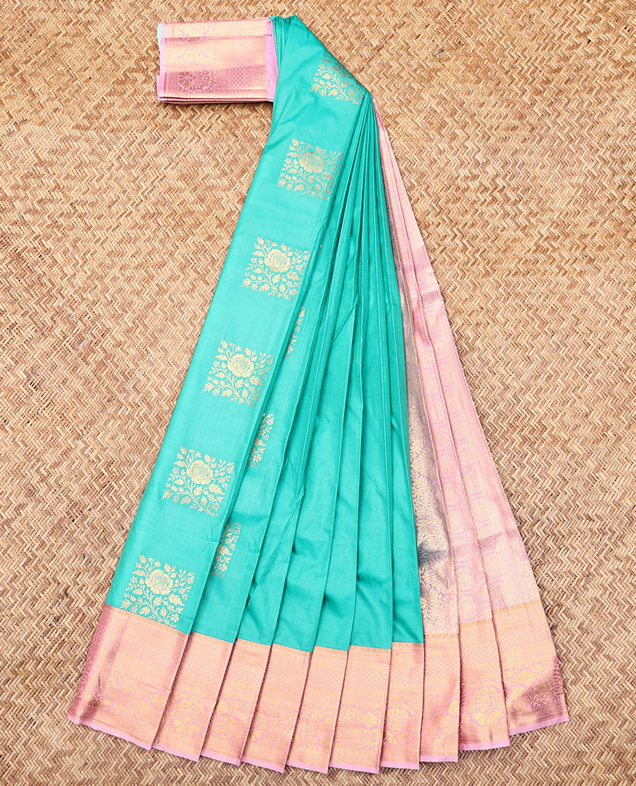 Turquoise Budget Silk Saree, Spotlighted with Zari Buttas, Complemented by Contrast Traditional Zari Border, a Grand Pallu and a Contrast Blouse