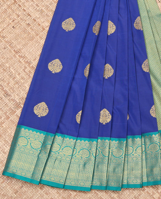 Royal Blue Budget Silk Saree, Embellished with Zari Buttas on Its Body, Complemented by a Contrast Traditional Zari Design Border, Grand Pallu, and Paired with a Contrast Blouse