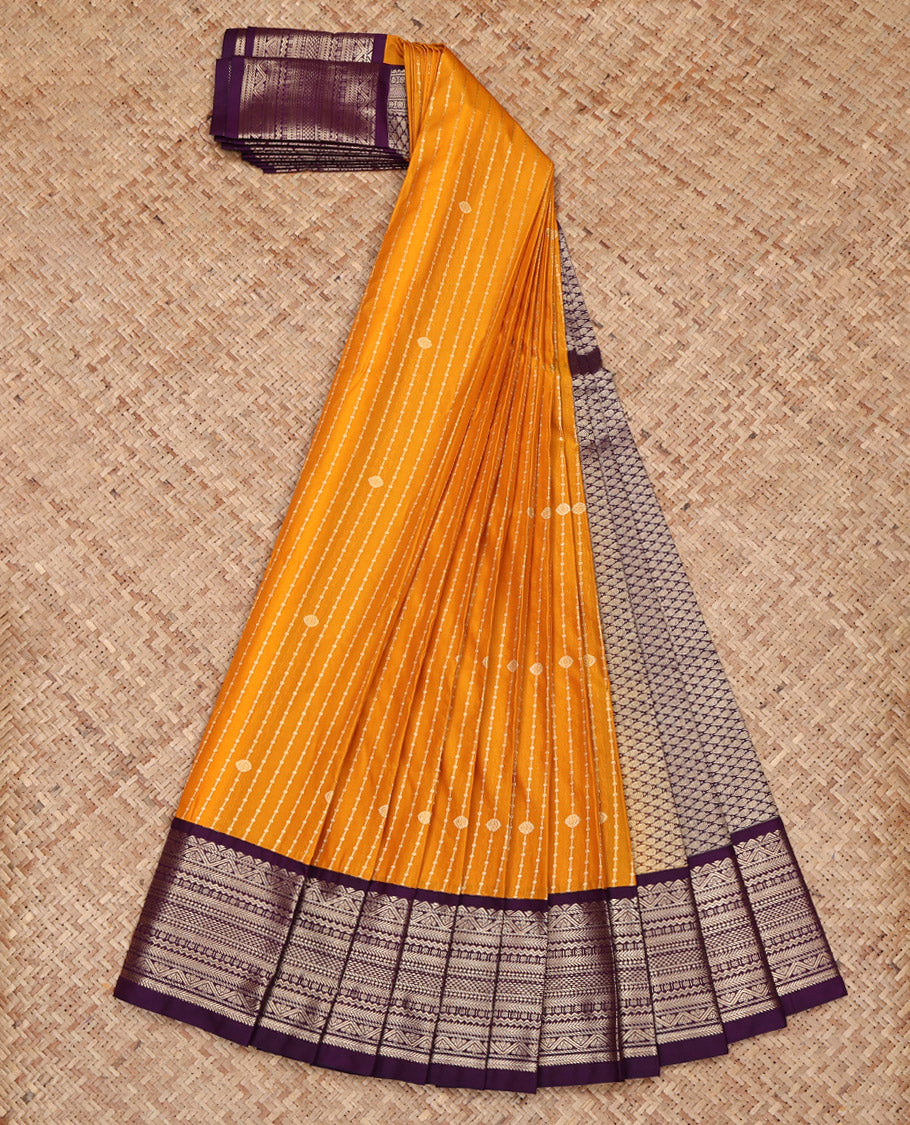 Yellow Budget Silk Saree, Detailed with Zari Stripes on Its Body, Complemented by a Contrast Traditional Zari Design Border, Grand Jaal Pallu, and Paired with a Contrast Blouse