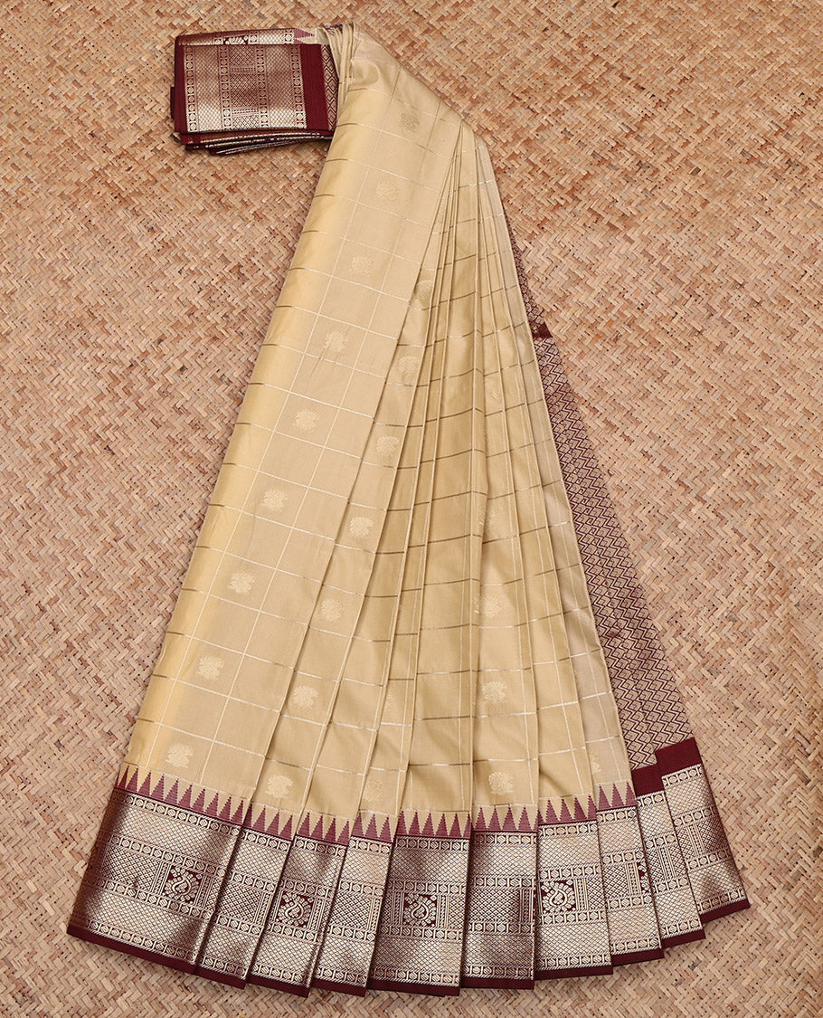 Sandal Budget Silk Saree, Simply Sparkled with Butta Enclosed Checks, Complemented by Contrast Traditional Border, Grand Jaal Pallu and a Contrast Blouse