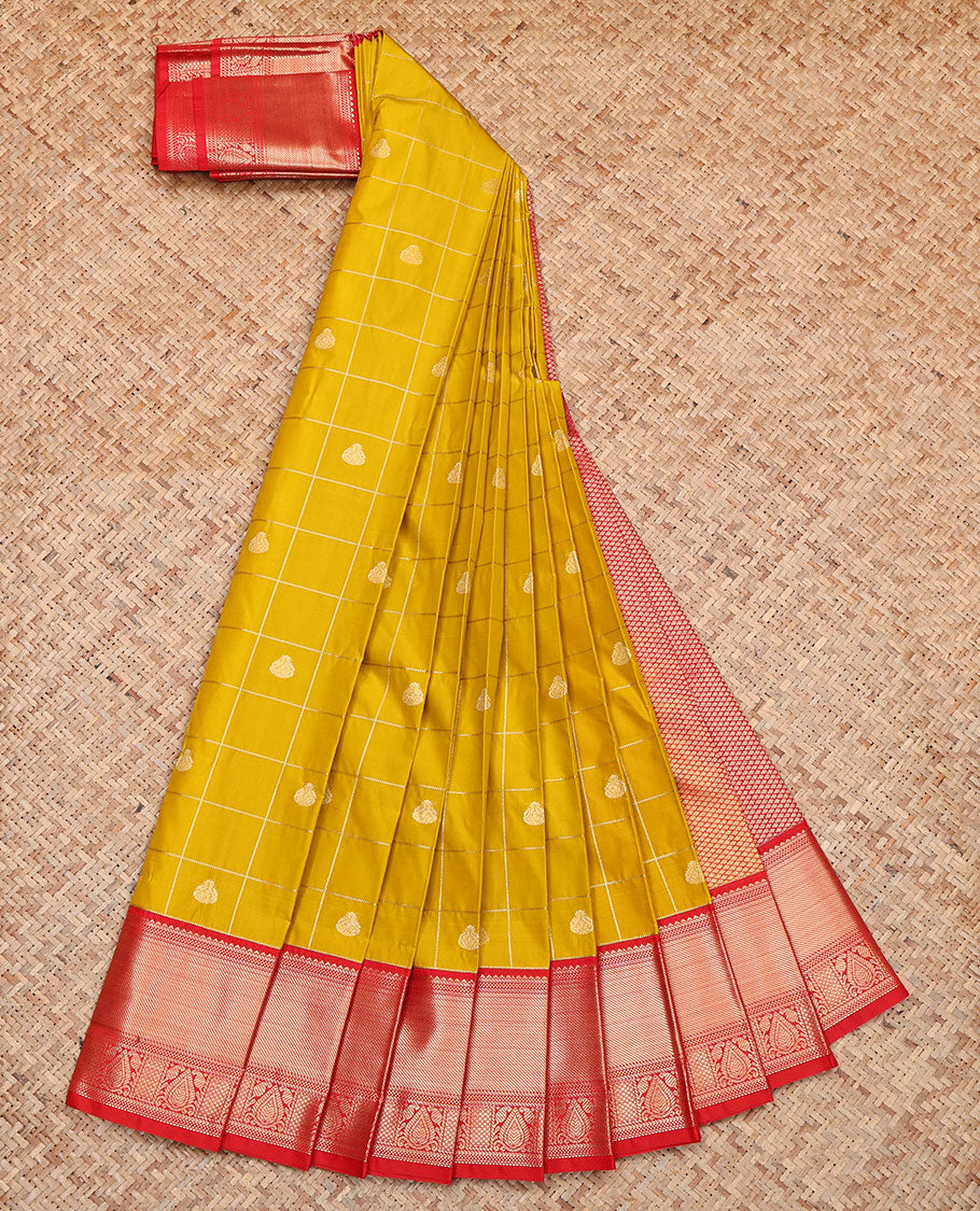Yellow Budget Silk Saree, Woven with Zari Butta Enclosed Checks, Contrast Traditional Zari Design Border, Grand Jaal Pallu, and a Contrast Blouse
