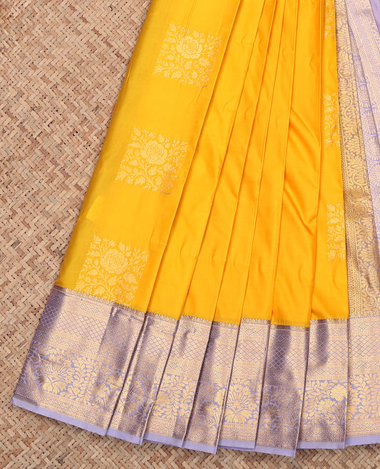 Yellow Budget Silk Saree, Sparsely Woven with Zari Buttas, Contrast Traditional Zari Border, Grand Pallu, and a Contrast Blouse