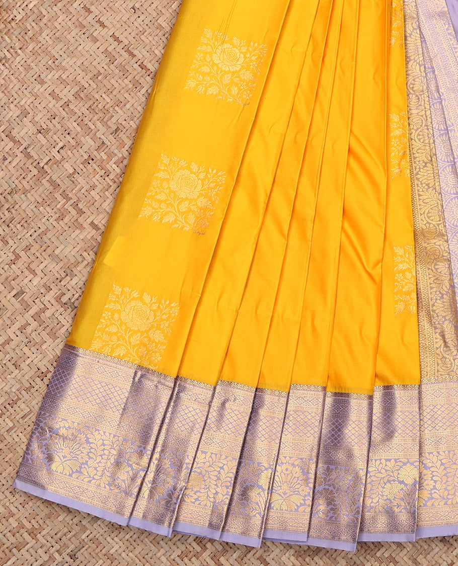 Yellow Budget Silk Saree, Sparsely Woven with Zari Buttas, Contrast Traditional Zari Border, Grand Pallu, and a Contrast Blouse