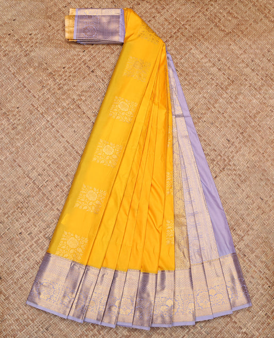 Yellow Budget Silk Saree, Sparsely Woven with Zari Buttas, Contrast Traditional Zari Border, Grand Pallu, and a Contrast Blouse