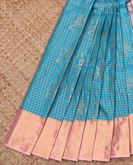 Blue Budget Silk Saree, Meticulously Crafted with Zari Buttas and Checks, Complemented by Contrast Traditional Zari Border, Intricate Pallu, and Contrast Blouse