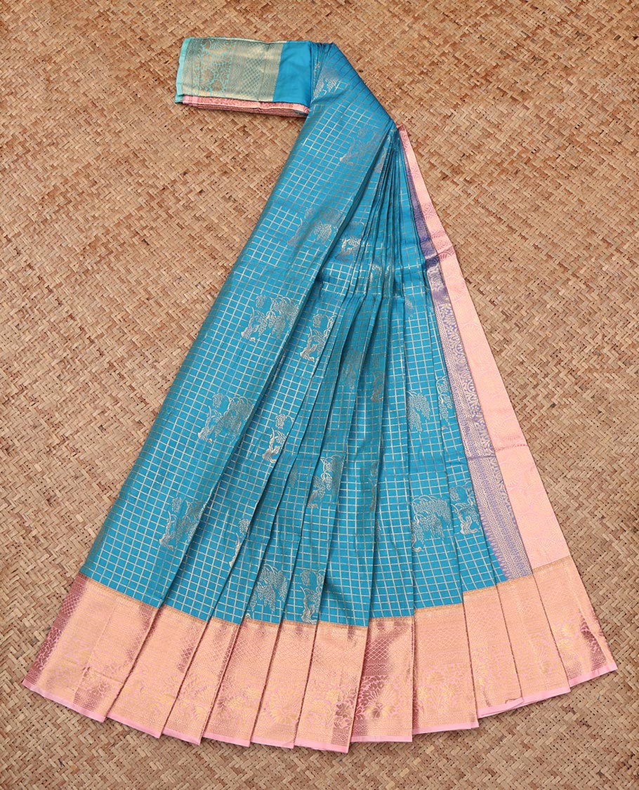 Blue Budget Silk Saree, Meticulously Crafted with Zari Buttas and Checks, Complemented by Contrast Traditional Zari Border, Intricate Pallu, and Contrast Blouse