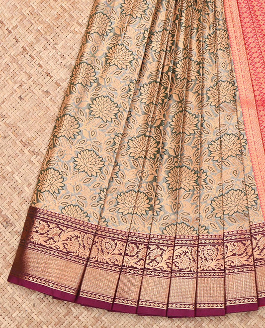 Grey Budget Silk Saree, Delicately Woven with Floral Jacquard Design, Complemented by a Contrast Traditional Zari Border, Grand Pallu, and a Contrast Blouse