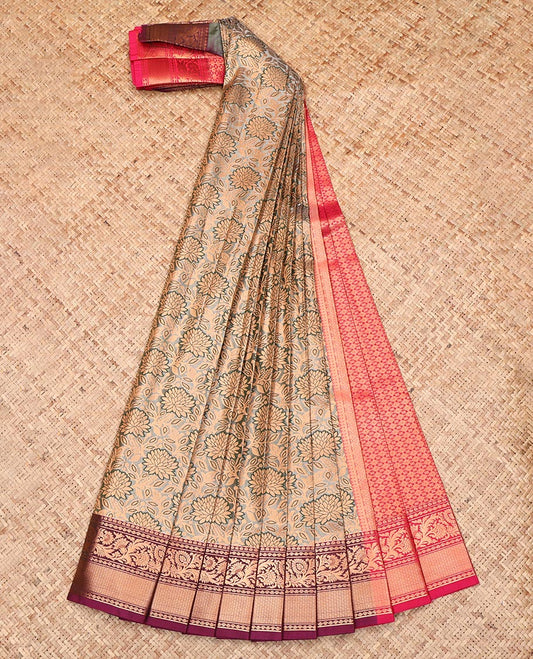 Grey Budget Silk Saree, Delicately Woven with Floral Jacquard Design, Complemented by a Contrast Traditional Zari Border, Grand Pallu, and a Contrast Blouse