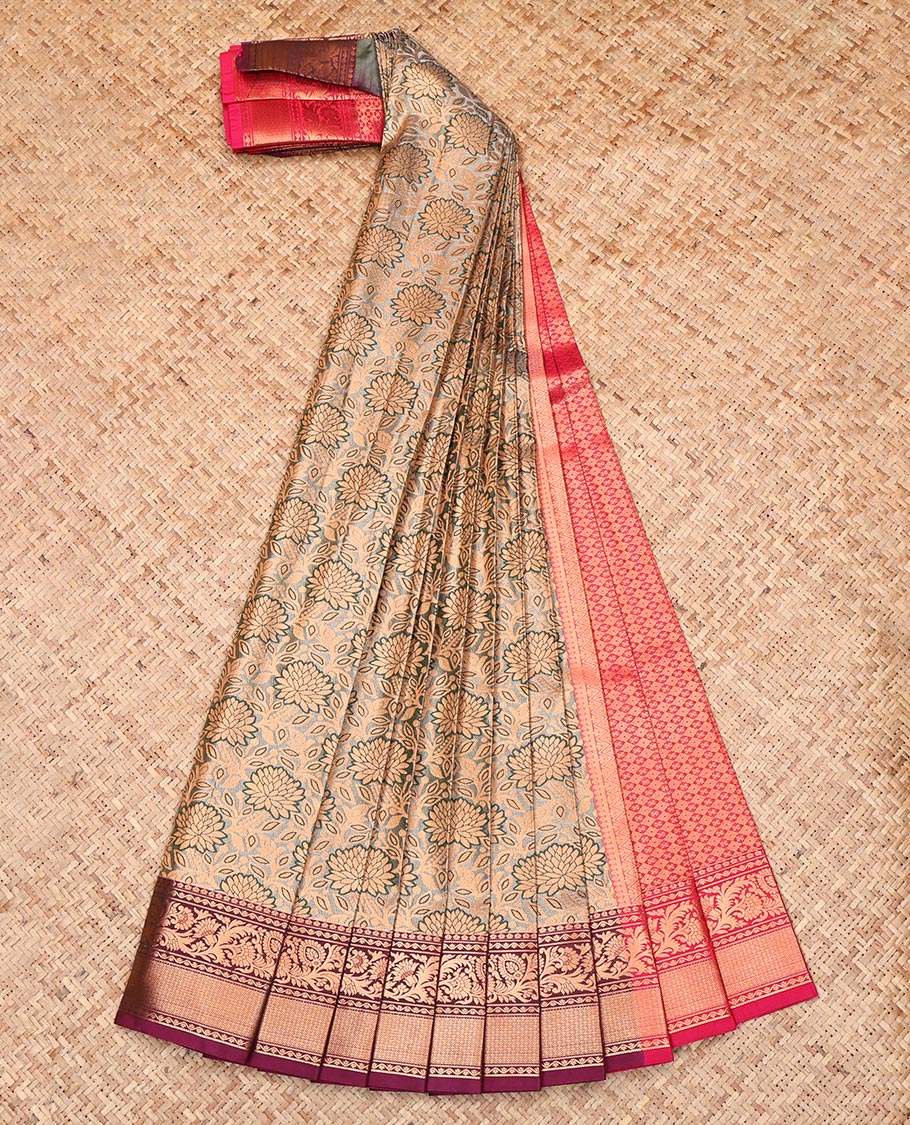 Grey Budget Silk Saree, Delicately Woven with Floral Jacquard Design, Complemented by a Contrast Traditional Zari Border, Grand Pallu, and a Contrast Blouse
