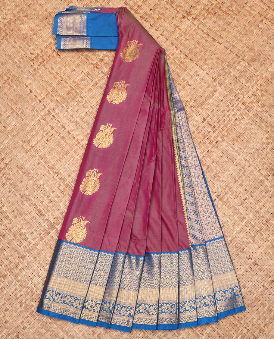 Purple Budget Silk Saree, Adorned with Zari Buttas, Complemented by a Contrast Traditional Border, Grand Pallu, and a Contrast Blouse