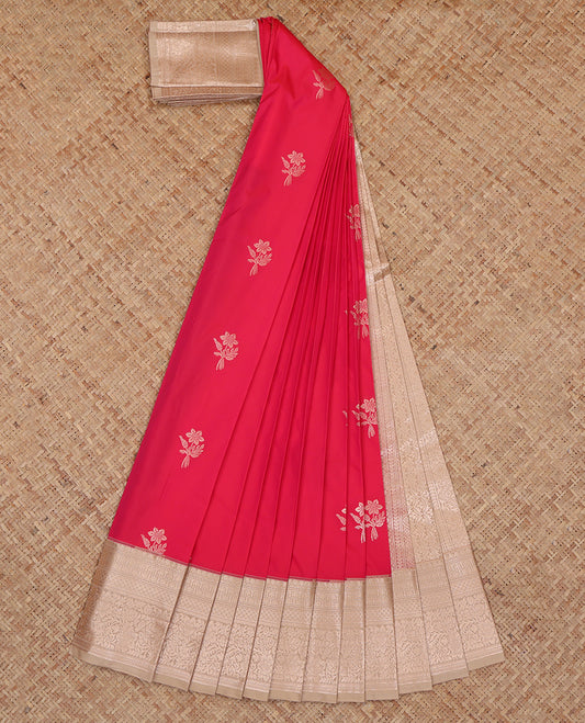 Red Budget Silk Saree, Enriched with Zari Buttas, Complemented by a Contrast Traditional Zari Border, Grand Pallu, and a Contrast Blouse