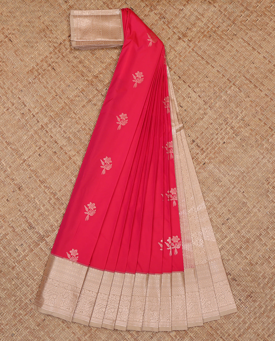 Red Budget Silk Saree, Enriched with Zari Buttas, Complemented by a Contrast Traditional Zari Border, Grand Pallu, and a Contrast Blouse