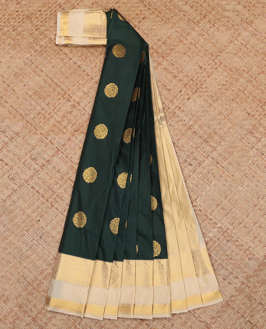 Green Budget Silk Saree, Enriched with Floral Buttas, a Contrast Traditional Zari Rettai Pettu Border, an Intricate Pallu and a Contrast Blouse