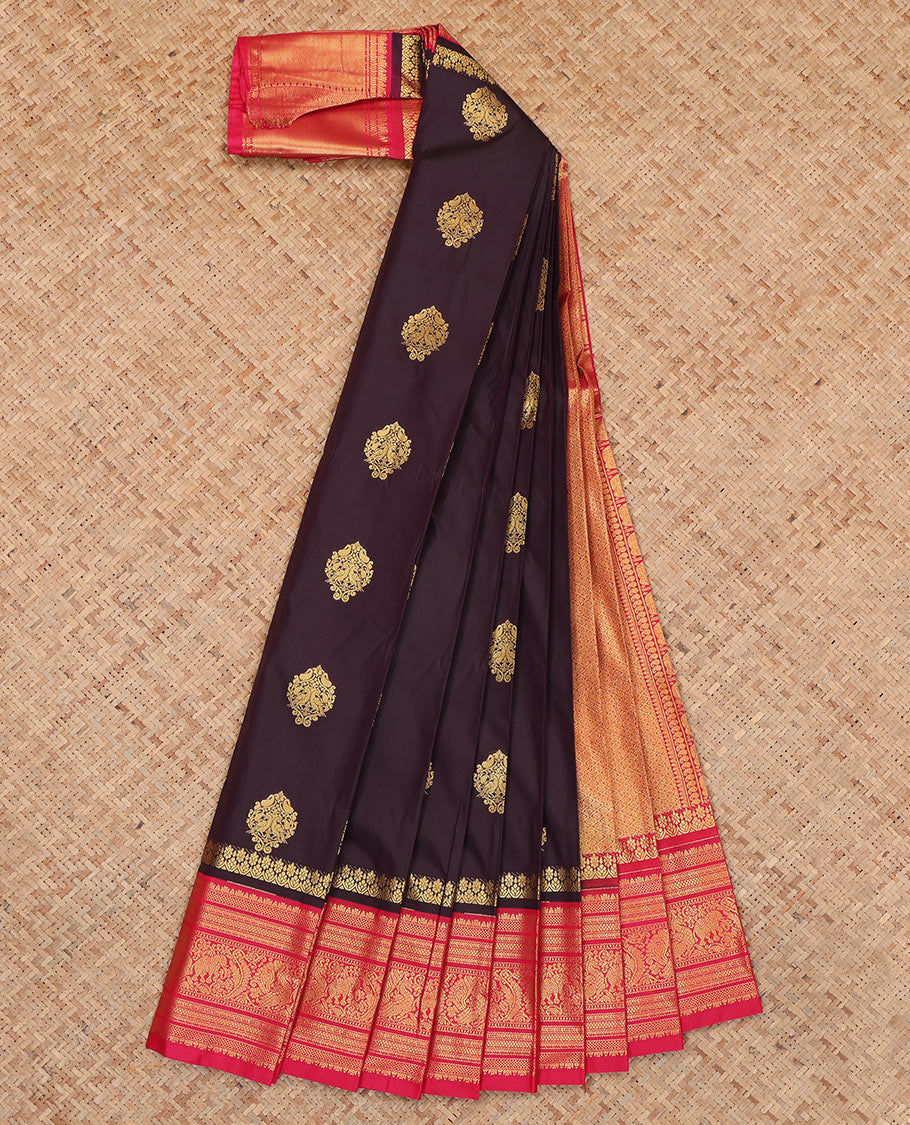 Wine Budget Silk Saree, Ornamented with Zari Buttas, Complemented by Contrast Traditional Zari Border, a Jaal Pallu and a Matching Blouse