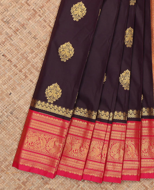 Wine Budget Silk Saree, Ornamented with Zari Buttas, Complemented by Contrast Traditional Zari Border, a Jaal Pallu and a Matching Blouse