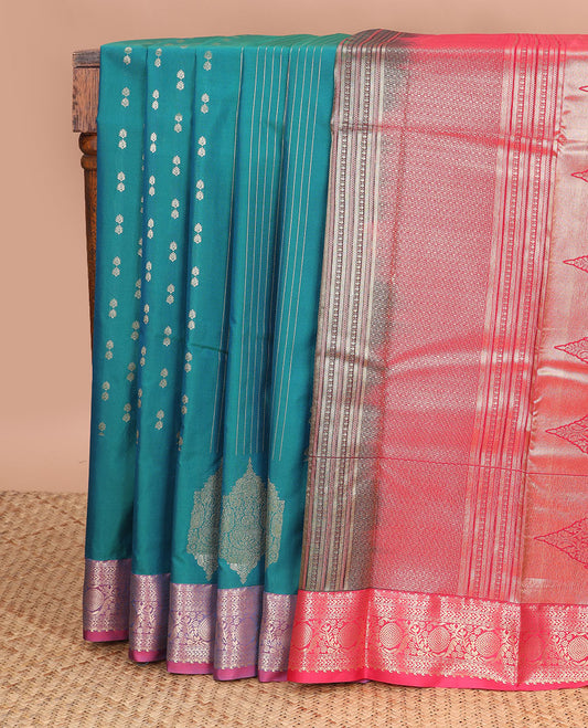 Blue striped, floral design gift saree with contrast zari design border & floral jaal design pallu
