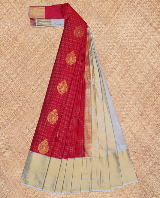 Red Budget Silk Saree, Adorned with Zari Buttas and Checks, a Contrast Traditional Zari Border, Grand Pallu, and a Contrast Blouse