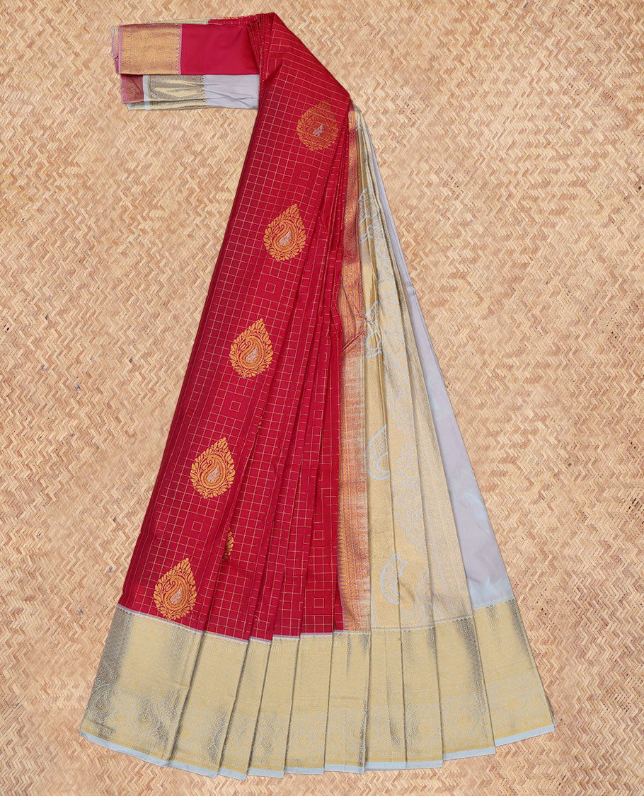 Red Budget Silk Saree, Adorned with Zari Buttas and Checks, a Contrast Traditional Zari Border, Grand Pallu, and a Contrast Blouse