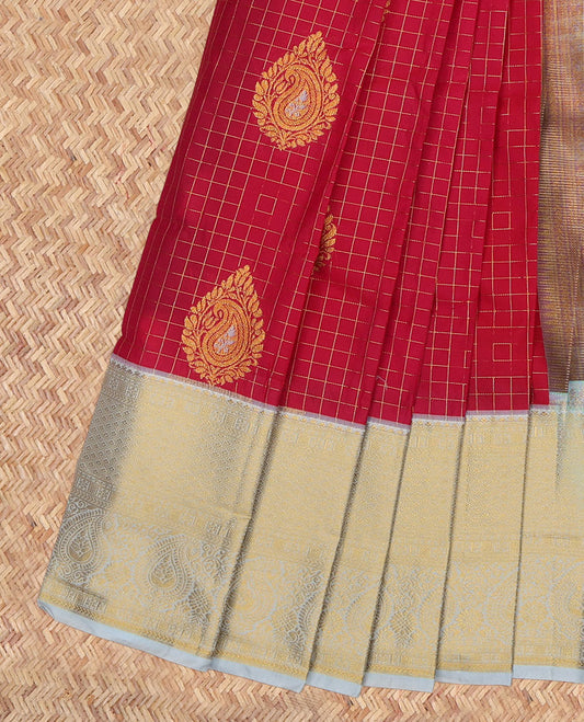 Red Budget Silk Saree, Adorned with Zari Buttas and Checks, a Contrast Traditional Zari Border, Grand Pallu, and a Contrast Blouse