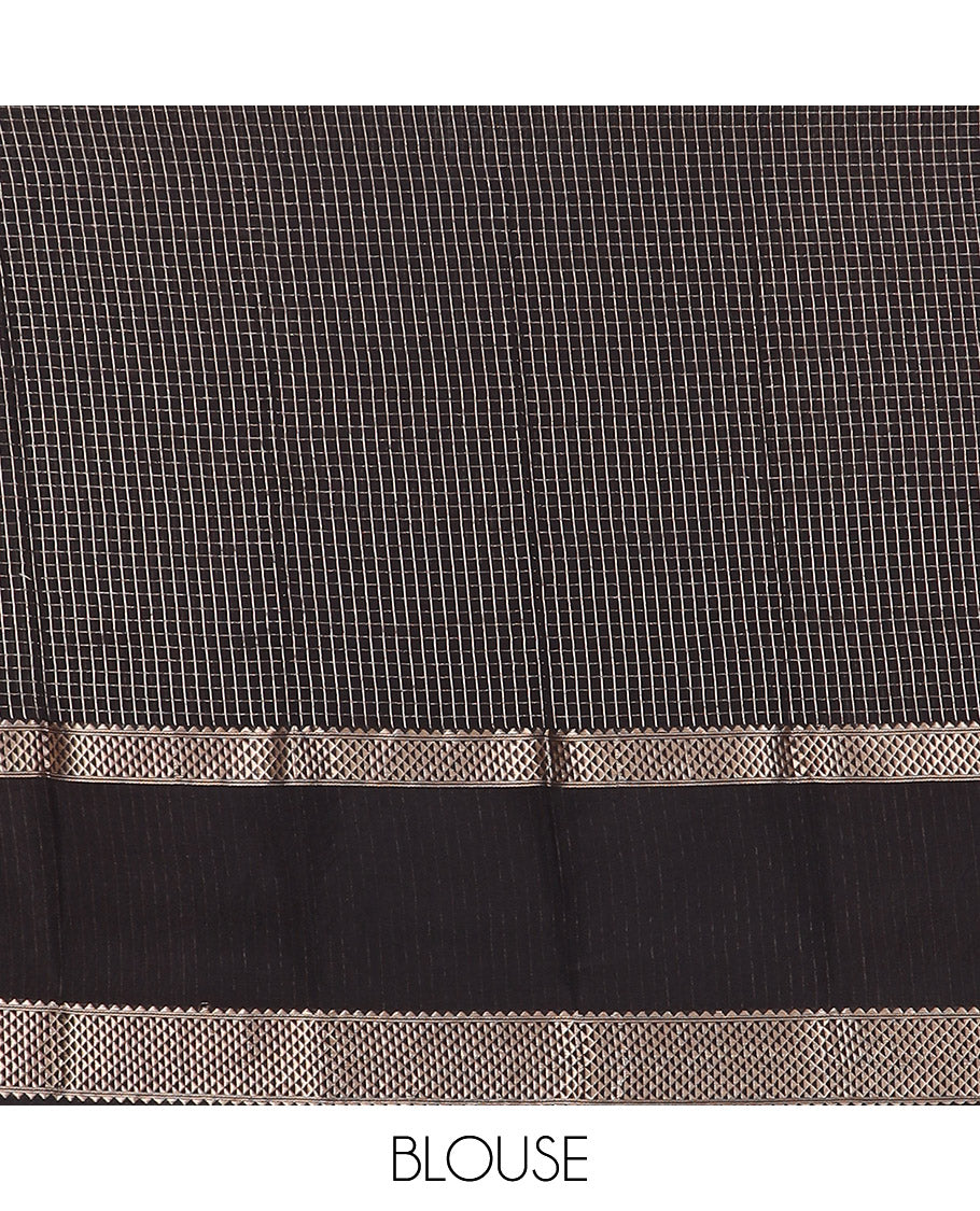 Light grey zari checked Assam silk saree, contrast traditional zari border of floral designs, and pallu of zari designs