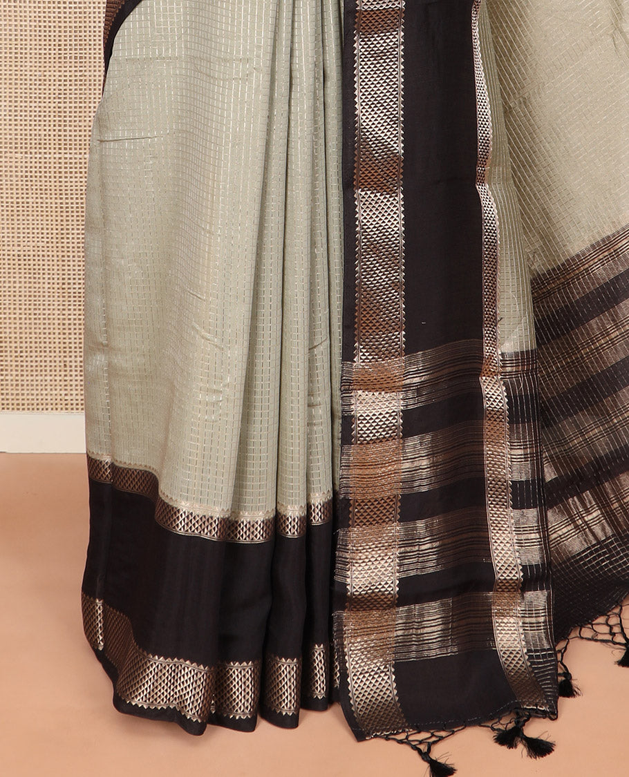 Light grey zari checked Assam silk saree, contrast traditional zari border of floral designs, and pallu of zari designs