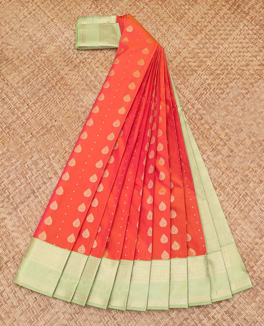 Orange Budget Silk Saree, Embellished with Zari Buttas, Complemented by Contrast Traditional Zari Border, an Intricate Pallu and a Contrast Blouse