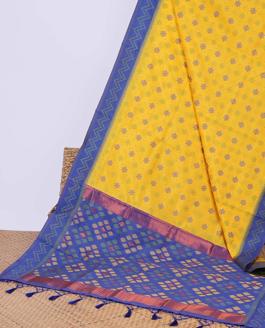 Blue floral motifs butter silk saree with contrast zig zag striped border & geometric motifs pallu