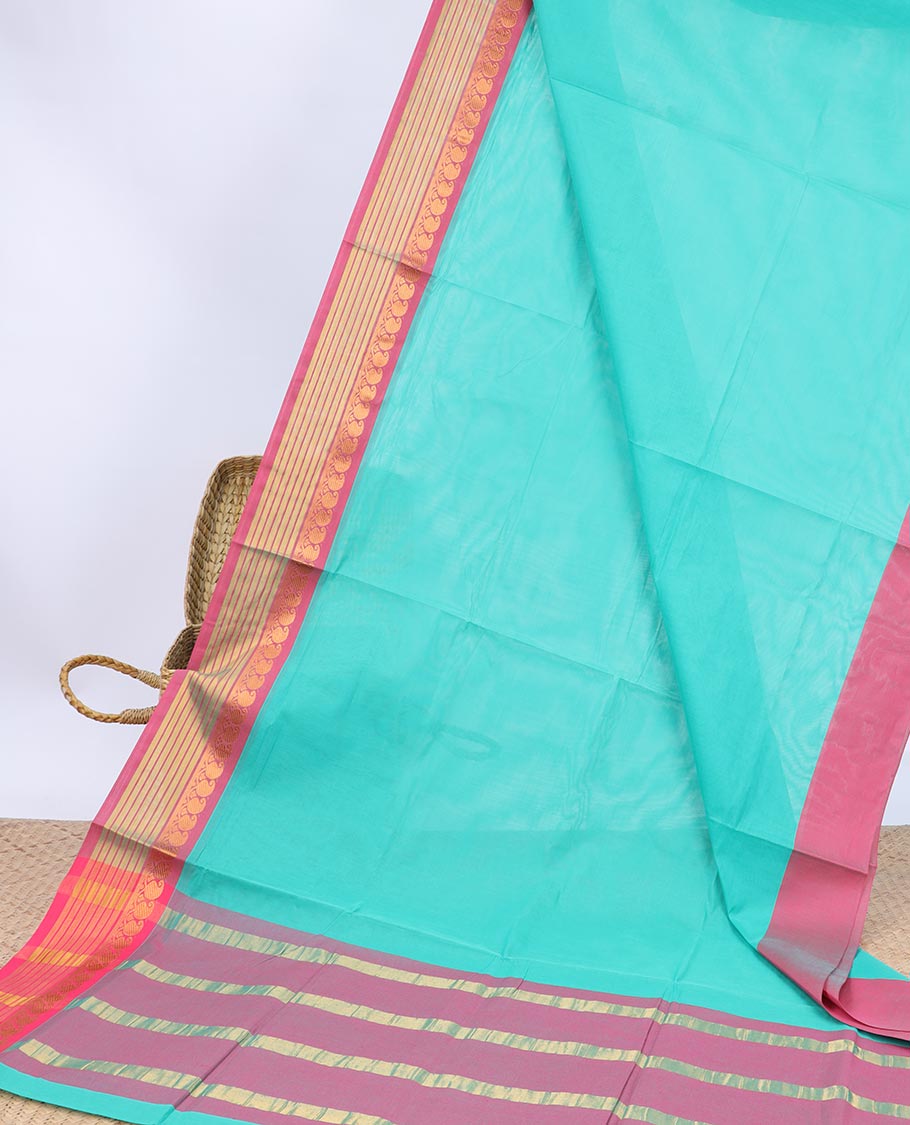 Blue plain design Vengatagiri cotton saree, contrast traditional zari design border & striped pallu